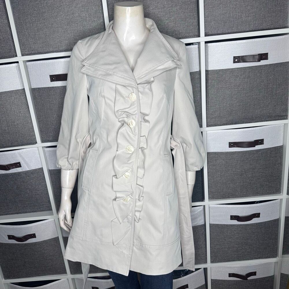 Anthropologie Trench Coat By Idra Women’s Double Ruffle Beige Trench Jacket Size